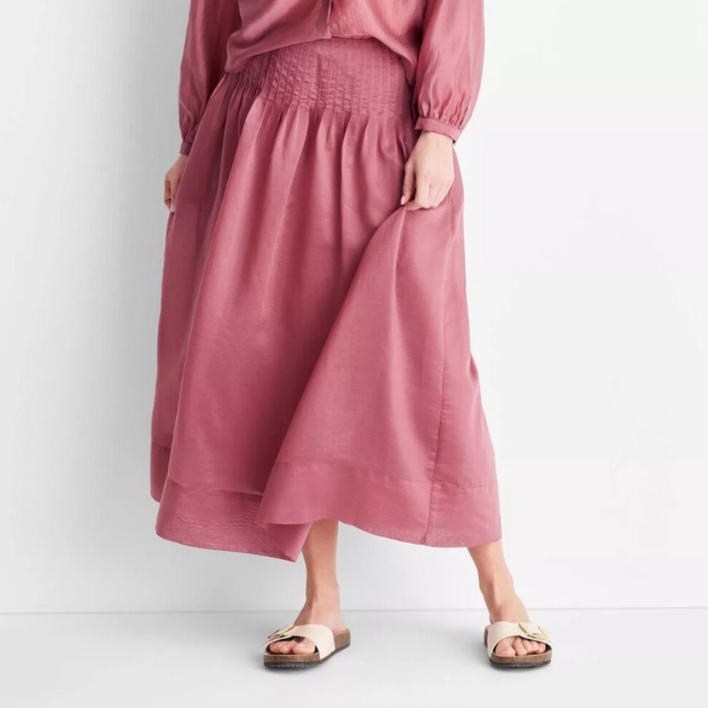 Future Collective Women's Berry Red Drop Waist Pleated Sheer Midi Skirt Size 6